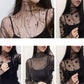 Black sheer mesh high-neck long-sleeve blouse with star and dot print