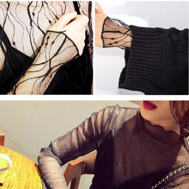 Black sheer mesh long-sleeve blouse with ribbed cuff detail