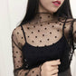 Black sheer mesh high-neck long-sleeve blouse with small dot pattern