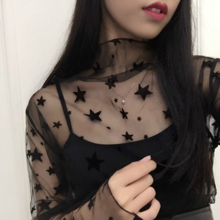 Black sheer mesh high-neck long-sleeve blouse with star print