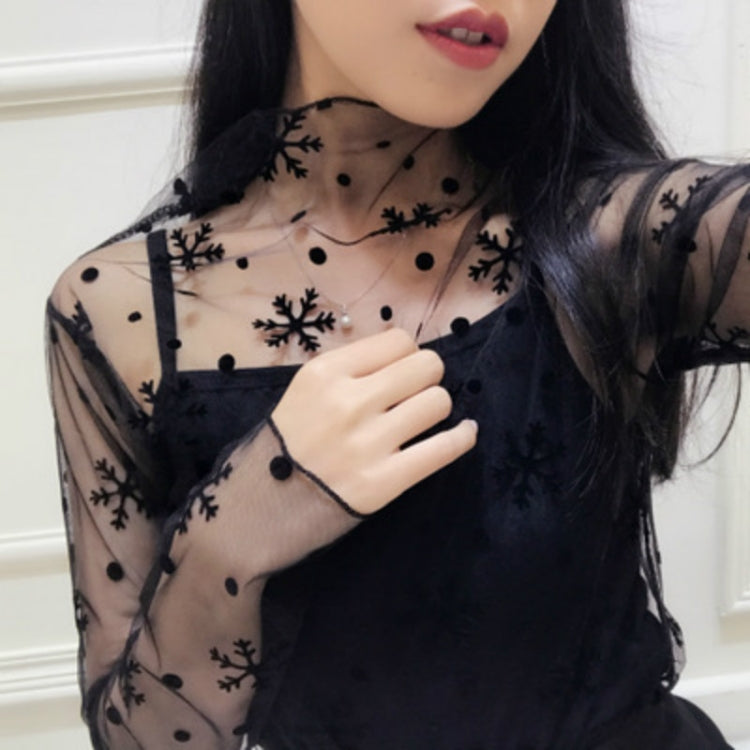 Black sheer mesh high-neck long-sleeve blouse with snowflake and dot print