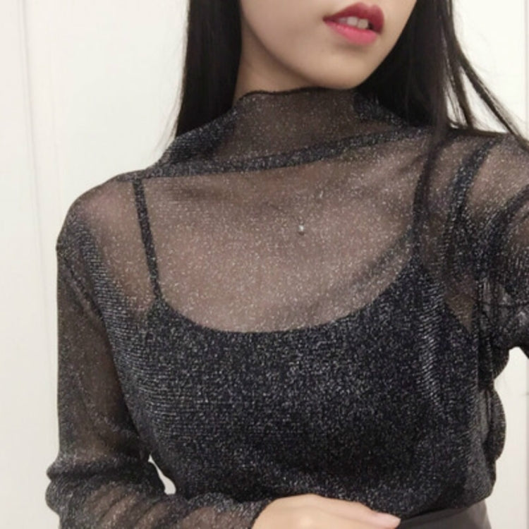 Sheer black mesh long-sleeve top with high collar, snug fit