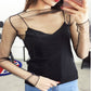 Black sheer mesh long-sleeve base top with high neck and slim silhouette