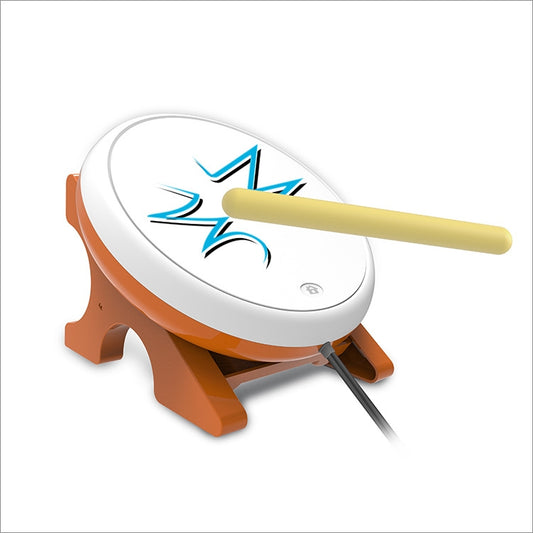 White wired taiko drum controller with orange stand and gold drumsticks