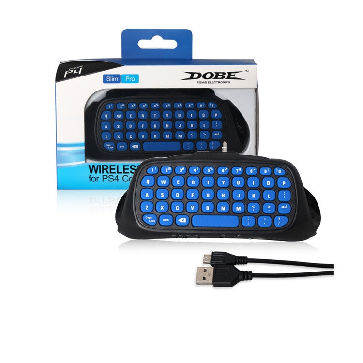 Wireless keyboard controller with blue keycaps and USB cable, shown with retail box