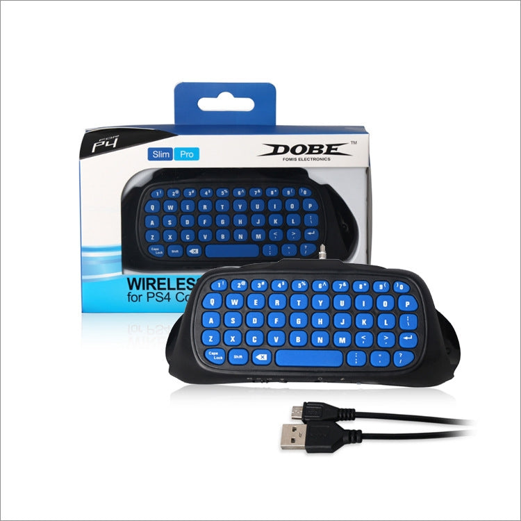 Wireless keyboard controller with blue keycaps and USB cable, retail box included