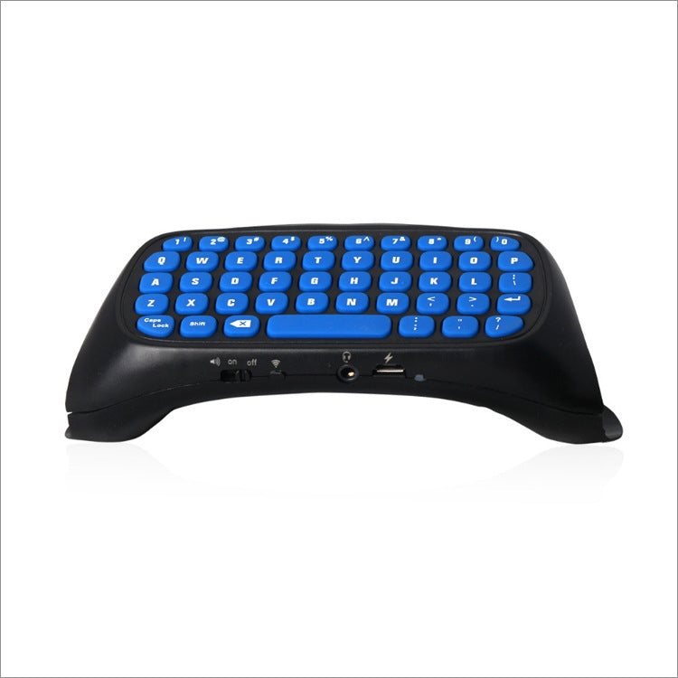 Wireless keyboard controller front view with blue backlit keys and black body