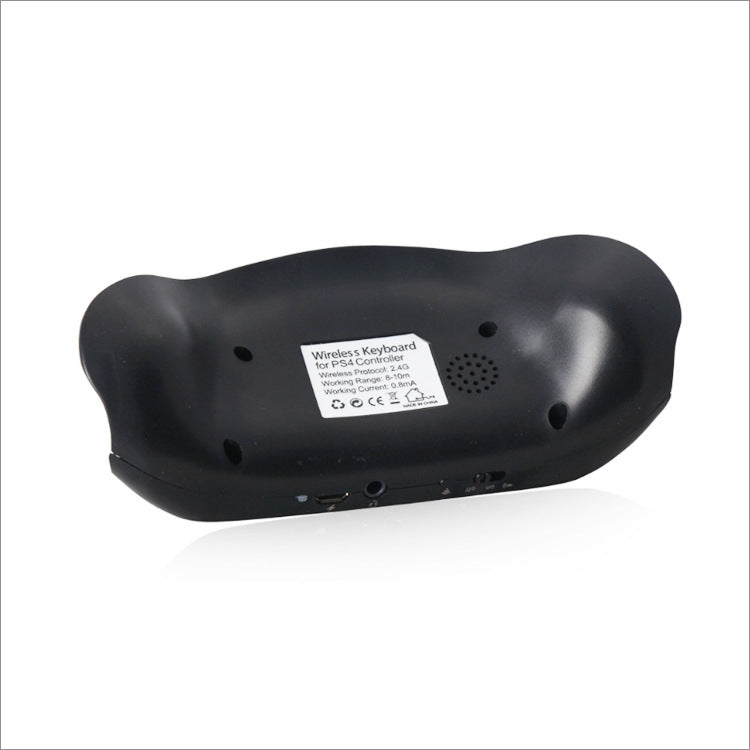 Wireless keyboard controller underside with labels, charging port, and feet
