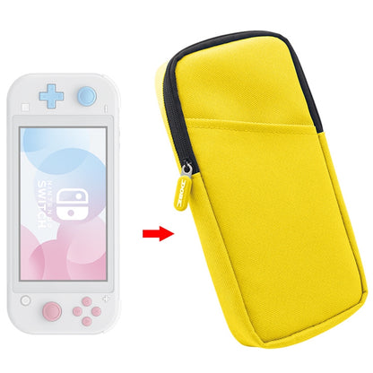 Yellow nylon mini storage case with zipper and black edge trim for handheld console