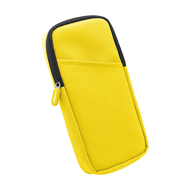 Yellow zippered mini console storage case with black trim, soft cloth