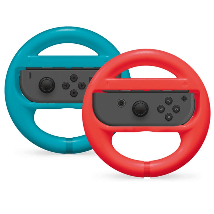 Turquoise and red handheld steering wheels with controller base and button controls