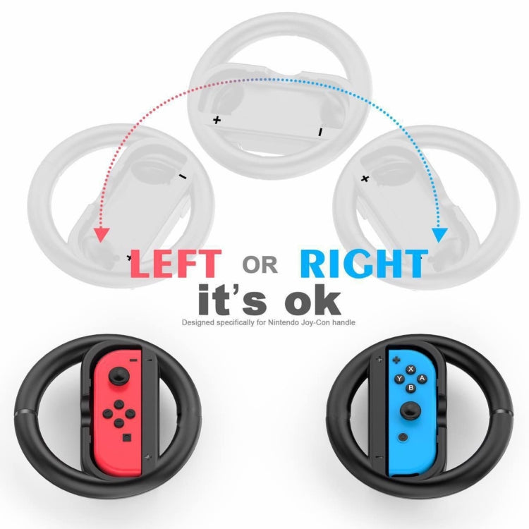Left and right steering wheels shown in red and blue with circular grips