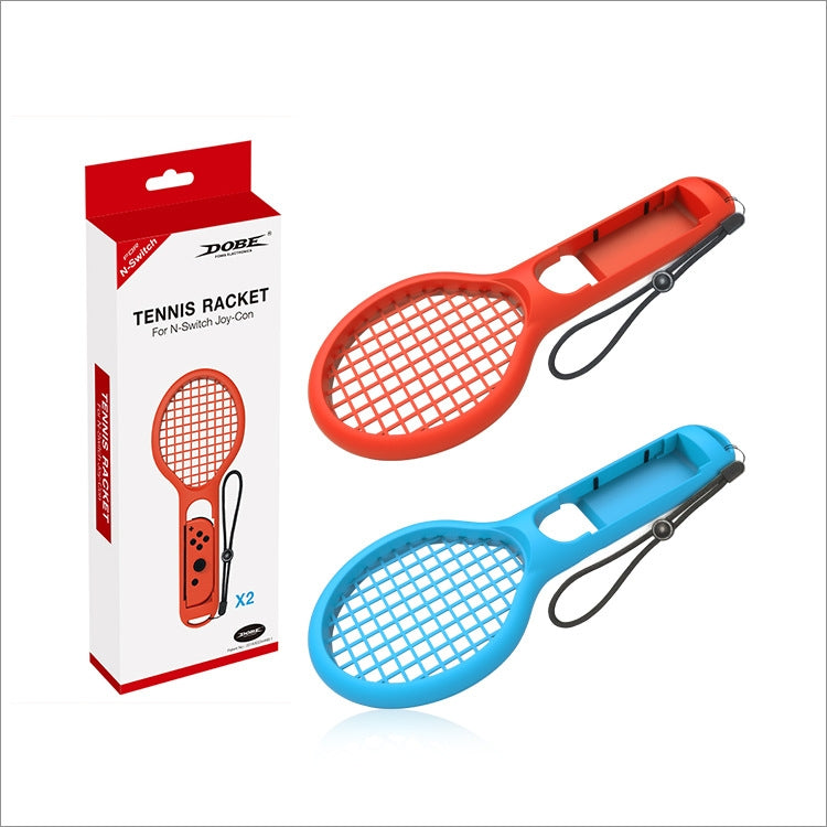 Red and blue mini tennis rackets with game holder, plus product box packaging