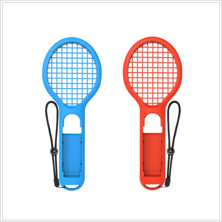 Pair of mini tennis rackets, blue and red, with grid heads and black cord grips