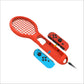 Red and blue mini tennis rackets with attached controller game grips, angled view
