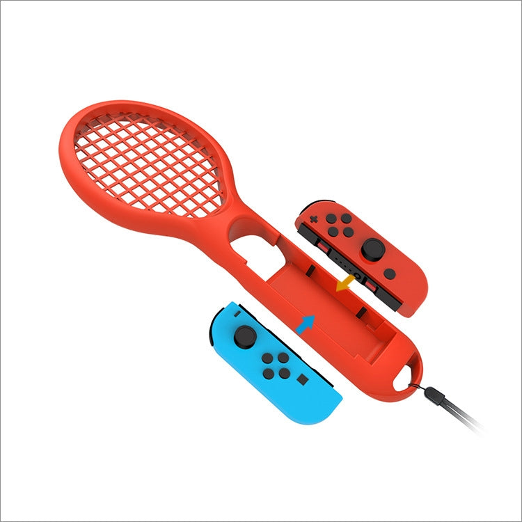 Red and blue mini tennis rackets with attached controller game grips, angled view