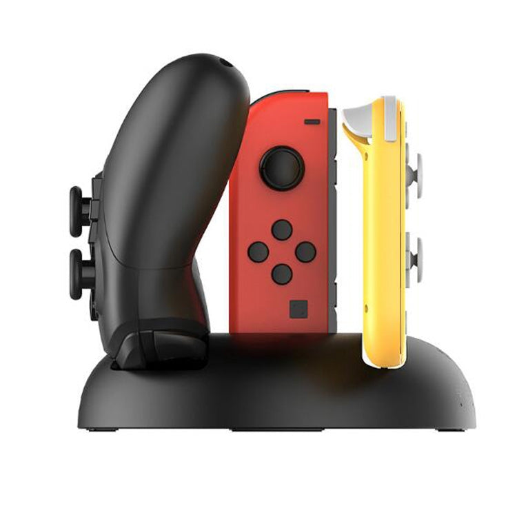 Charging dock stand with red controller module and yellow controller insert