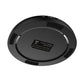 Black charging dock bottom with regulatory label and charging contact pads