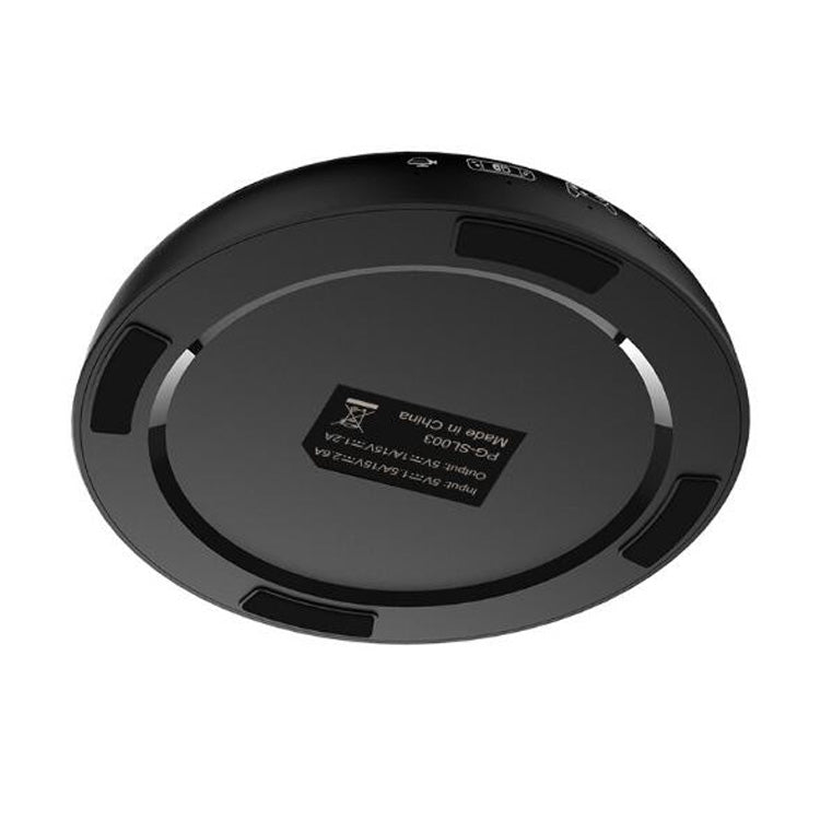 Black charging dock bottom with regulatory label and charging contact pads