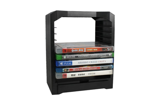 Black game disc storage tower holding stacked PS4 game cases
