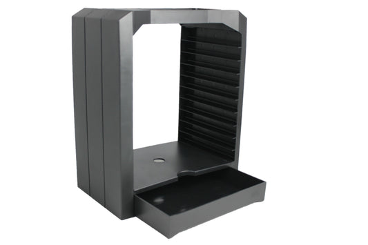 Black game disc storage tower for PS4 accessories, open front rack