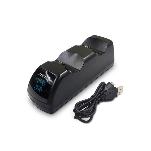 Dual USB charging dock with LED indicator, black base and USB cable