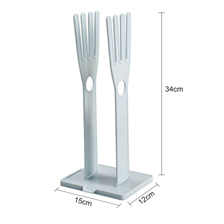 Portable glove drying rack with dimensions, light blue stand and drip tray base