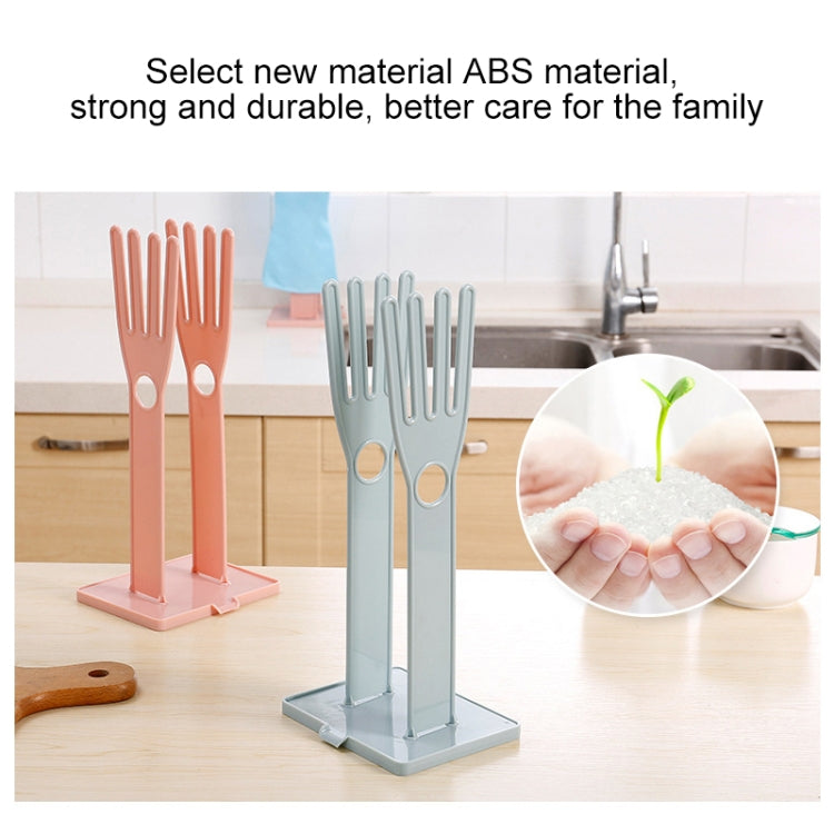 Portable glove drying rack holding gloves, two-slot design with light blue frame