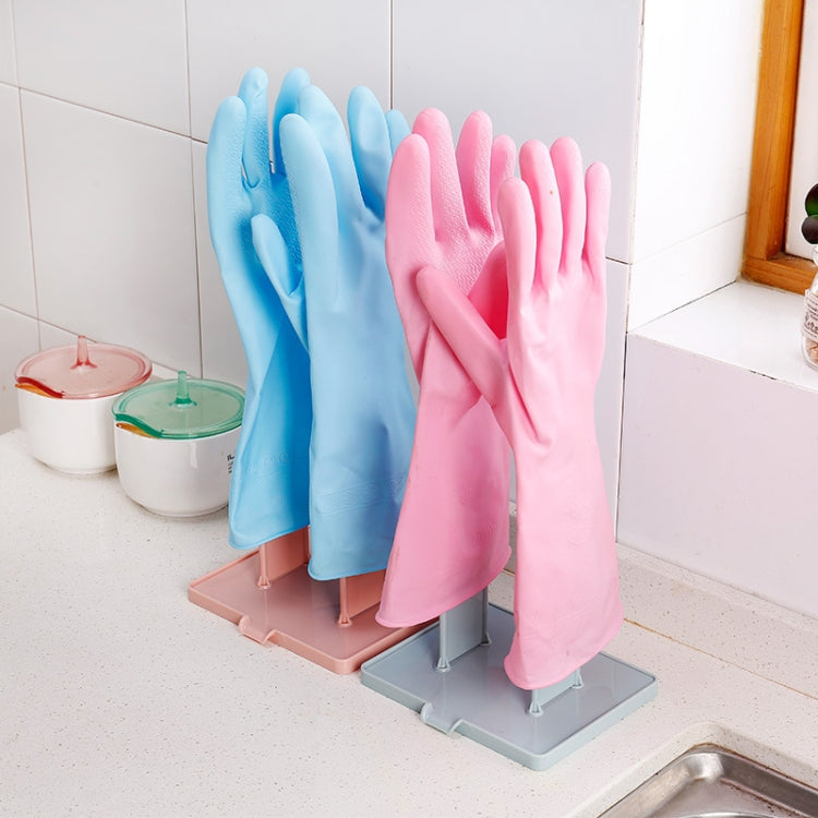 Portable glove drying rack with blue and pink gloves on two posts