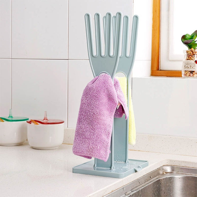 Portable glove drying rack with towels, two-post stand and light blue tray