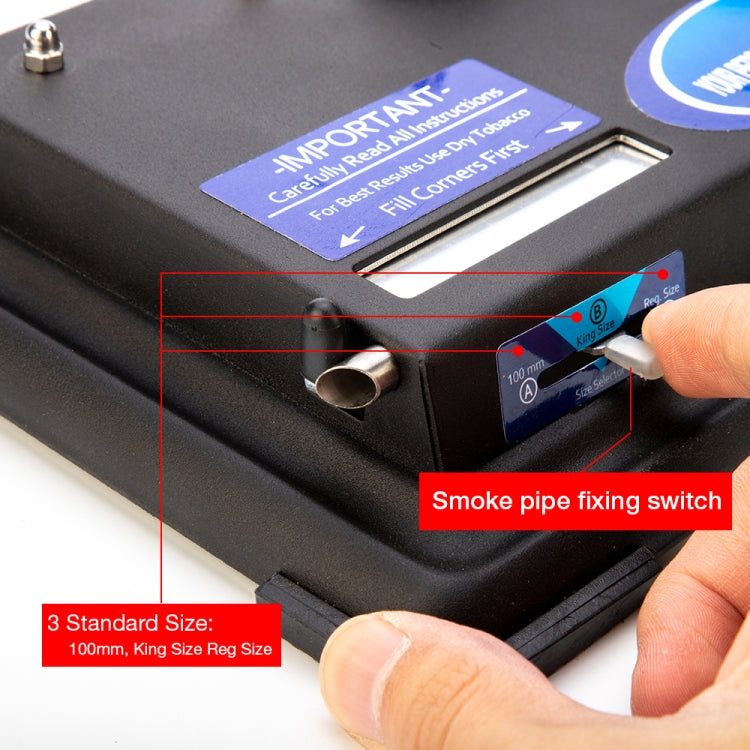 Automatic cigarette rolling machine close-up of paper slot and fixing switch