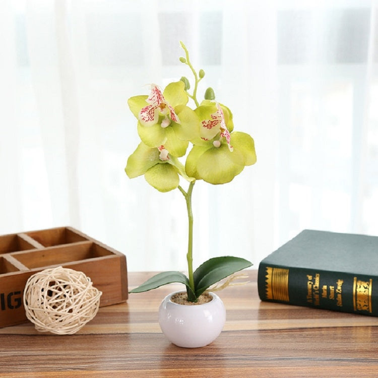 White round pot with three green orchid-style flowers and leaves, decorative faux bonsai plant