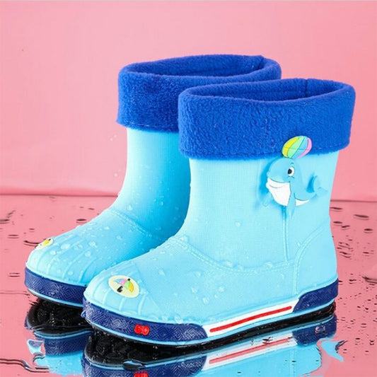 Children sky-blue rain boots with plush blue cuff and cartoon animal applique