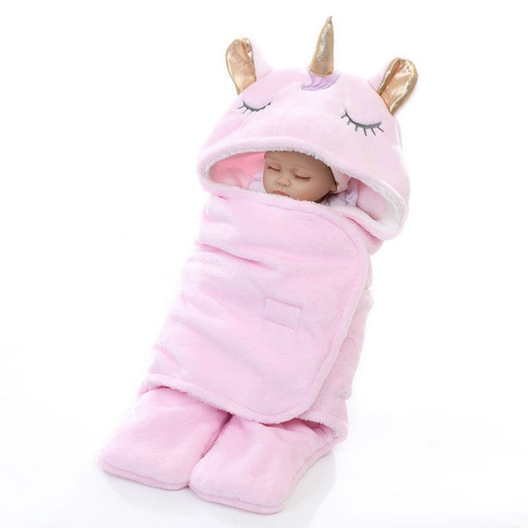 Pink unicorn swaddle blanket with hood and folded flannel torso panel