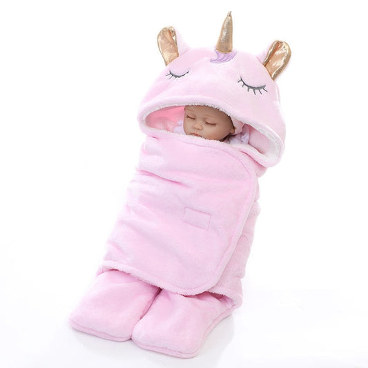 Pink unicorn hooded baby flannel blanket wrap with soft matching pants