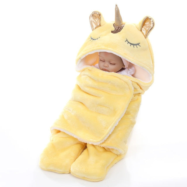 Yellow unicorn hooded baby flannel blanket wrap with matching pants