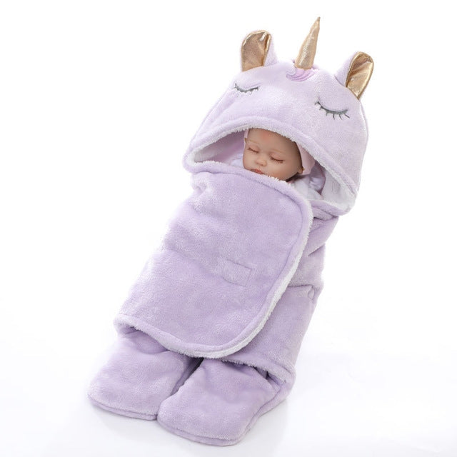 Lavender unicorn hooded baby flannel blanket wrap with matching pants