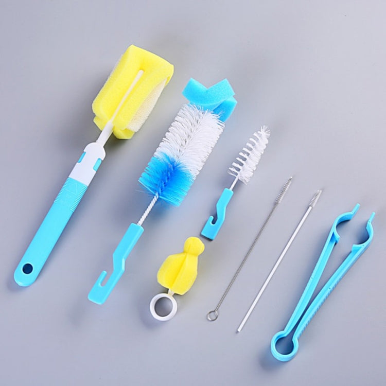 7-piece bottle cleaning brush set with blue handles and sponge brush heads