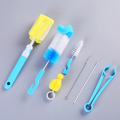 7-piece bottle cleaning brush set with blue handles and sponge brush heads