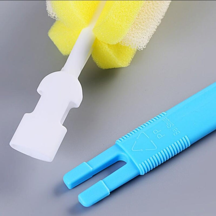 Blue and yellow bottle cleaning brush tools with white scraper head and sponge