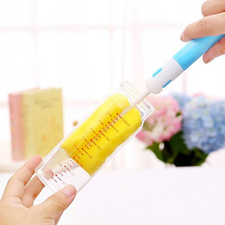 Hand-held bottle straw brush tool with blue handle and yellow sponge brush