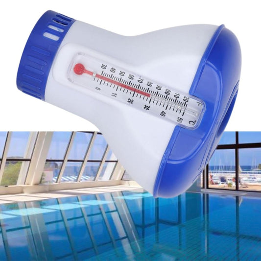 Floating pool thermometer with blue-and-white body and red liquid sensor