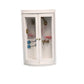 White dollhouse bathroom cabinet with clear doors showing blue towel bars and gold fixtures