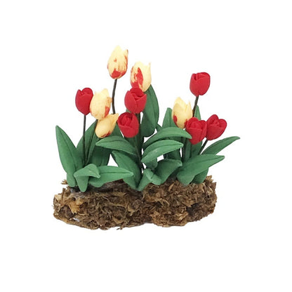 Mini tulip flower model with red and yellow blooms in rustic brown base