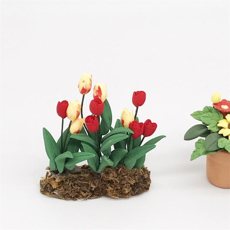 Mini tulip flower model with red and cream tulips, green leaves, brown base