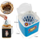 Kids mini toy washing machine in blue with open lid and white drain basket