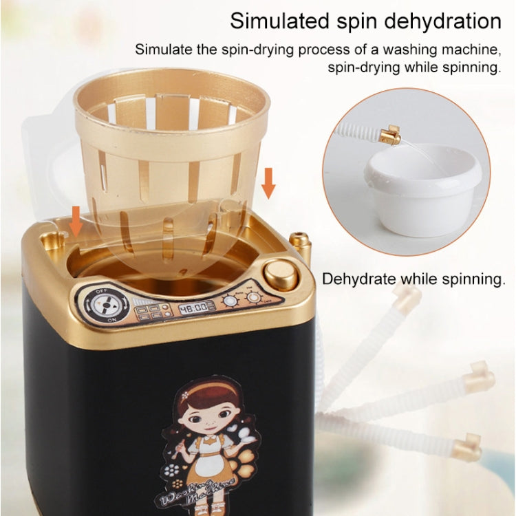 Kids mini toy washing machine in gold with beige spin basket and draining hose