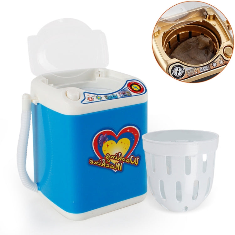 Kids mini toy washing machine in blue with open lid and white drain basket