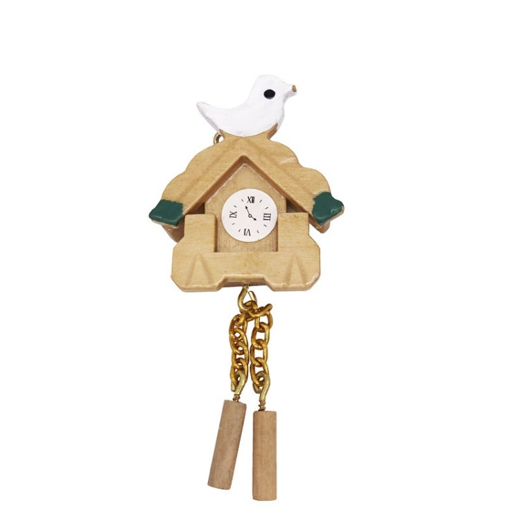 Front view mini wooden birdhouse clock with white bird topper, round dial, hanging double weights