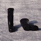Mini long tube rain boots, black plastic, one upright and one side view